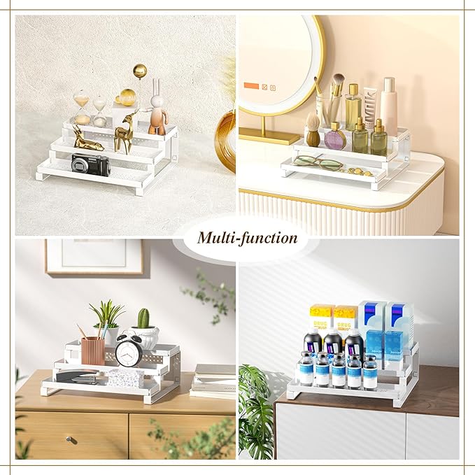 3-Tiered Shelf Organizer, Sturdy Countertop Spice Rack for Cabinet, Metal Rustproof Spice Storage Holder, Step Spice Shelf Kitchen Cupboard Pantry Seasoning Rack,White