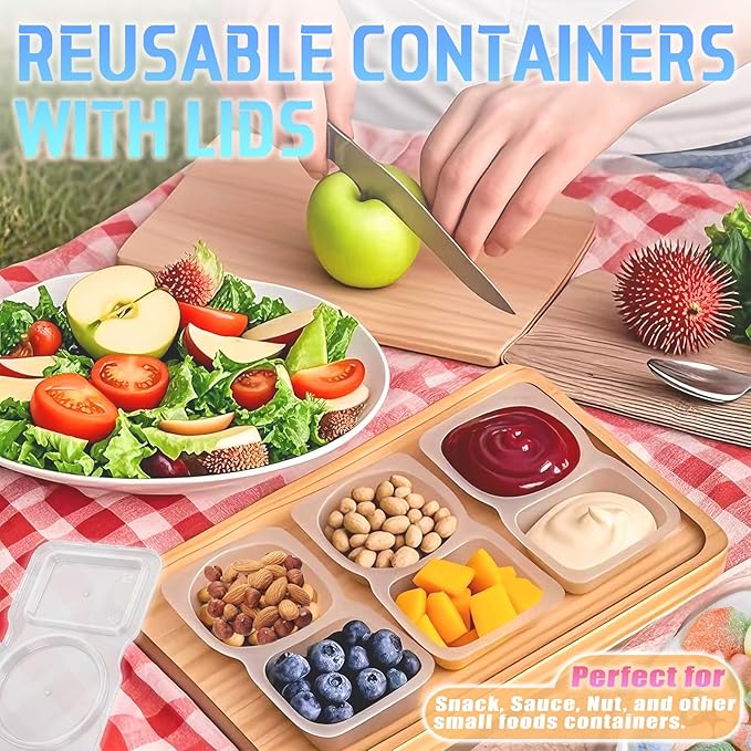 12Pcs Snack Pack Containers, Double Compartment Condiment Containers with Lids, Reusable Small Sauce Dipping Containers, Grab and Go Snack Containers, Disposable Snack Box Container for Kids Adults