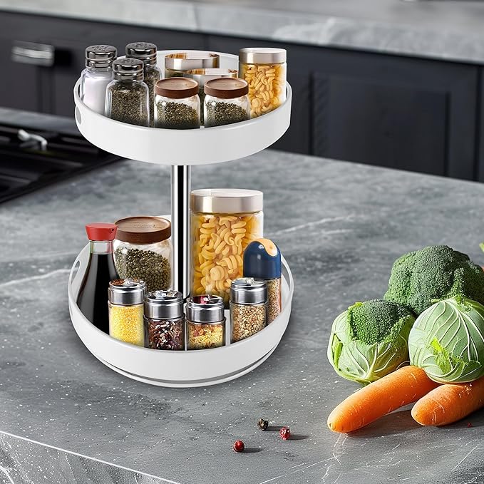 Rack Lazy Susan Organizer, 2 Tier Height Adjustable Rotating Lazy Turntable Organization for Cabinet Kitchen Table Pantry Countertop Refrigerator Cupboard Storage(White, 12 inch)