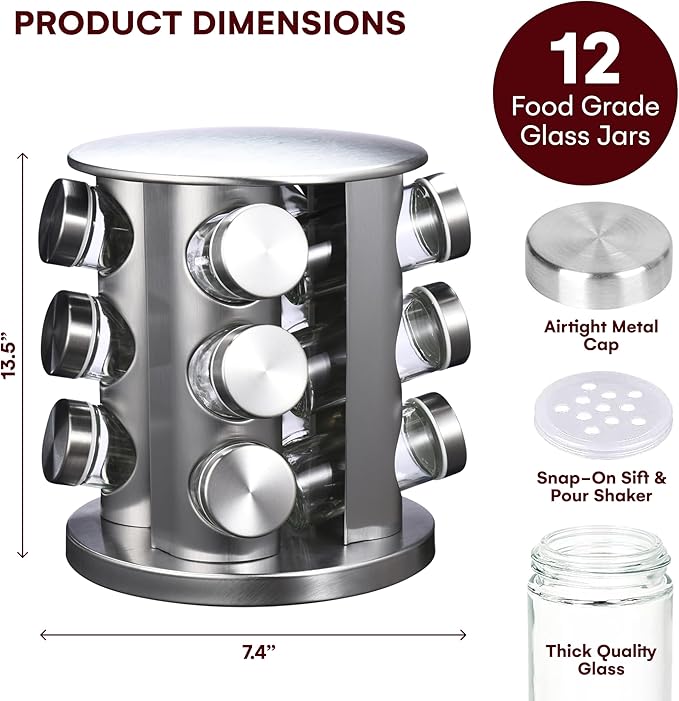 Vdomus Spice Organizer Rack Sets - Rotating Seasoning Jars, Spice - Seasoning Container Rack for Kitchen Countertop & Cabinet - Premium Stainless Steel - Essential Kitchen Organizers
