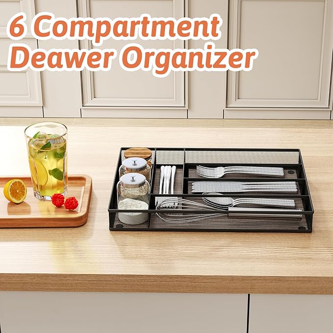 Kitchen Drawer Organizer Flatware Organizer,Drawer Dividers with 6 Compartment,Silverware Organizer Metal Mesh Cutlery Tray Mesh Organizer (11.3" x 16 ")