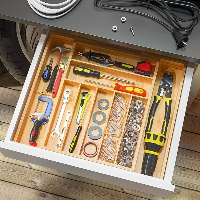 Utensil Organizer Silverware Tray For Drawer - Expandable Silverware Organizer Bamboo Flatware Organizer for Kitchen Utensils and Cutlery, Living Room Storage Box W13.5"-19.9" x L17.6" (Yellow)