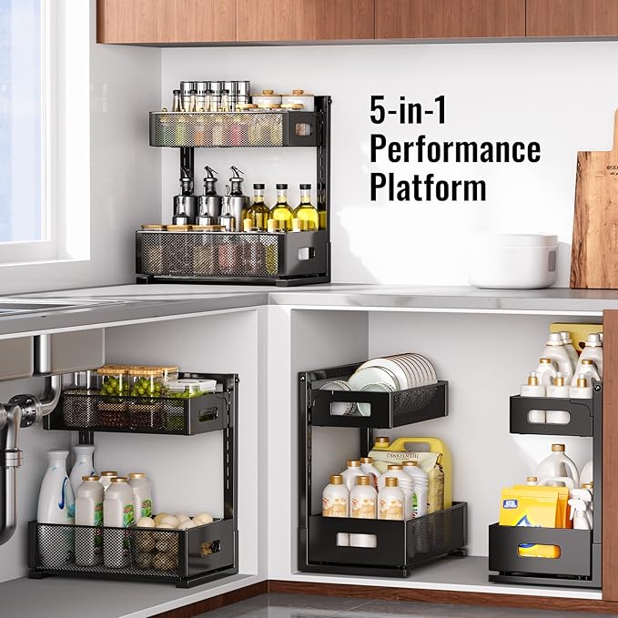 Under Sink Organizer, 2-Tier Metal Under Sink Organizers and Storage, Slide Out Pull Out Cabinet Organizer for Kitchen, Bathroom, Pantry, Laundry, Study, Black
