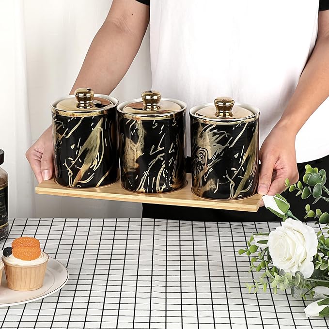 3 Pack Ceramic Canister Set with Lids and Bamboo Tray, Coffee Tea Sugar Container Set, Ceramic Storage Jar Decorative Storage Pots Kitchen Canister for Countertop, Black Marble Style
