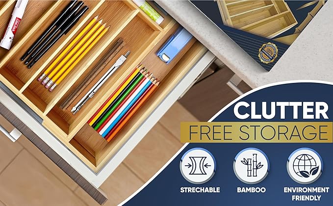 Expandable Bamboo Silverware Organizer Utensil Drawer Organizer Kitchen Utensil Organizer Cutlery Drawer Organizer 5-7 Slot Flatware Organizer For Drawers With Gift Box