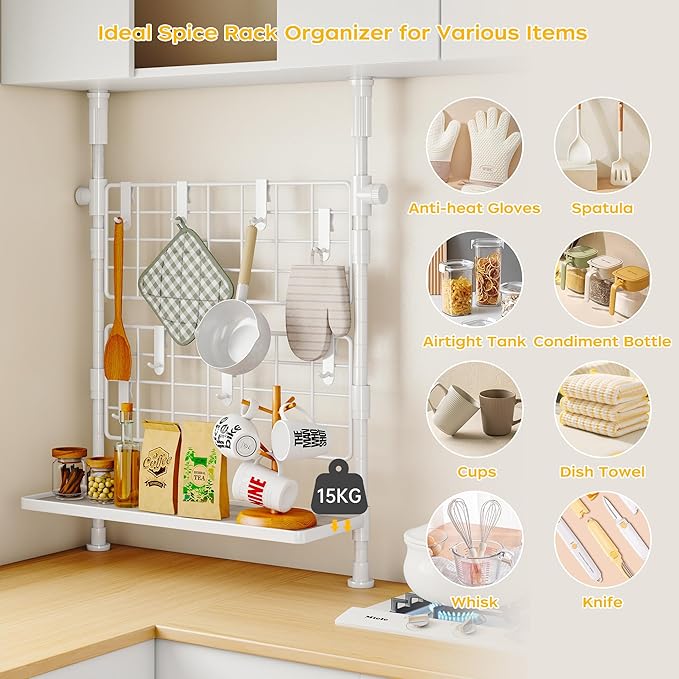 Homeiju 3-Tier Spice Rack Organizer, Multi-functional Kitchen Countertop Shelves, Wall Mount Hanging Spice Rack Seasoning Organizer for Kitchen Organization and Storage (2 Mesh Nets & 1 Mesh Dish)
