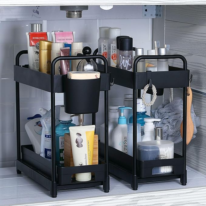 2 Pack Double-Layer Under Sink Organizer for Efficiently Utilizing Space, High Capacity and Space Saving, 2 Tier Sliding Under Sink Shelf with 4 Hooks and a Cup Slot(Black)