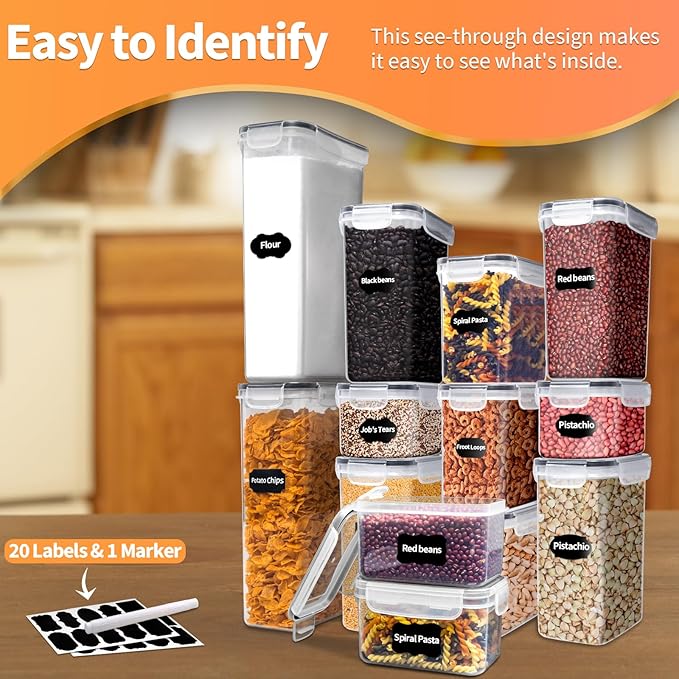Airtight Food Storage Containers with Lids, 14 Pcs BPA Free Plastic Dry Food Canisters for Kitchen Pantry Organization and Storage for Cereal, Dishwasher safe,Include 20 Labels and Marker, Black