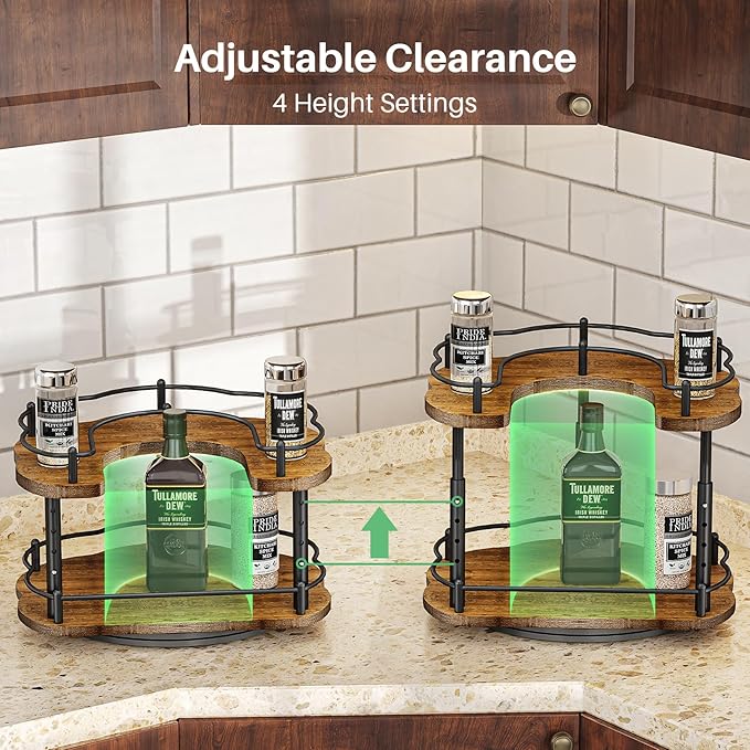 Lazy Susan Organizer Spice Rack - Height Adjustable Rotating Lazy Turntable Spice Organization for Cabinet, Pantry Kitchen Wood Revolving Seasoning Organizer, 12 inches, Black