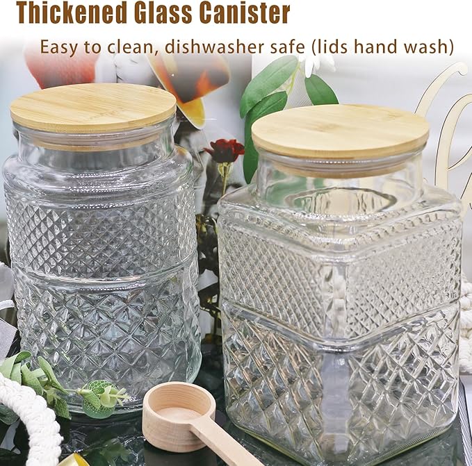Vintage Glass Jar with Lid Wood Spoon 60 OZ Round Thick Glass Storage Jars Airtight Lids Decorative Canister Container for Food Candy Cookie Sugar Coffee Tea Nuts Snack Bath Salt