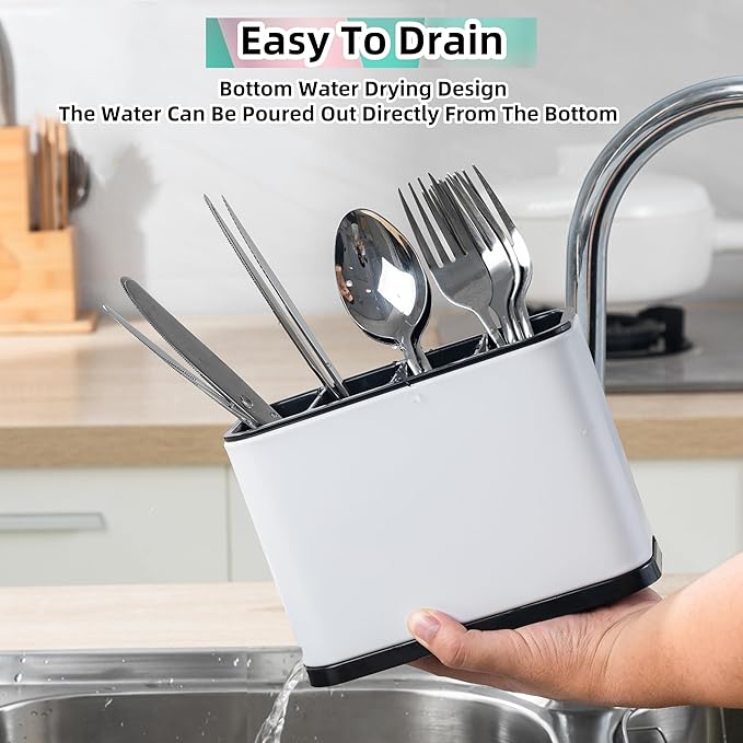 Silverware Organizer,Kitchen Utensil Holder For Counter,Stainless Steel Caddy,4 Compartments Organizer, Capacity Flatware Spoon Fork Tool Cutlery Holder(White)
