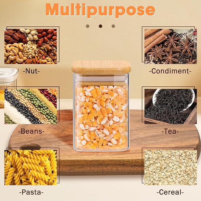 Glass Spice Jars with Bamboo Lids - 9 Oz Small Square Storage Jars with Airtight Lids Clear Pantry Food Storage Containers Glass Canister Set with Labels for Kitchen Coffee Sugar Flour(Set Of 10)