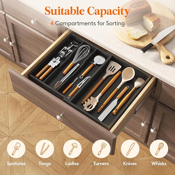 Lifewit Utensil Drawer Organizer, Expendable Cooking Silverware Tray for Kitchen Drawer, Bamboo Adjustable Cutlery Flatware Holder, Spatula Tools and Gadgets Storage Divider, 4 Compartments, Black
