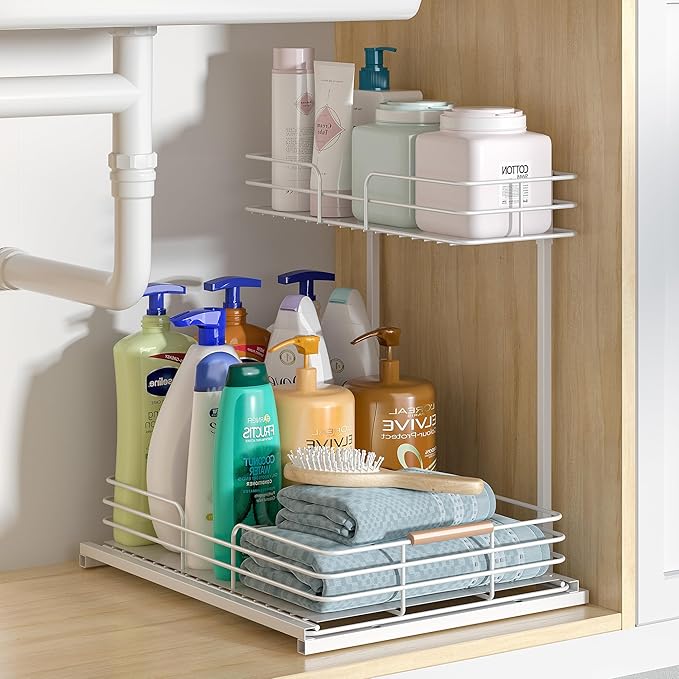 LAMU Under Sink Organizers and Storage, Pull Out Bathroom Kitchen Cabinet Organizers and Storage, 2-Tier White Under Sink Shelf Organizer Under Counter Storage Organizer