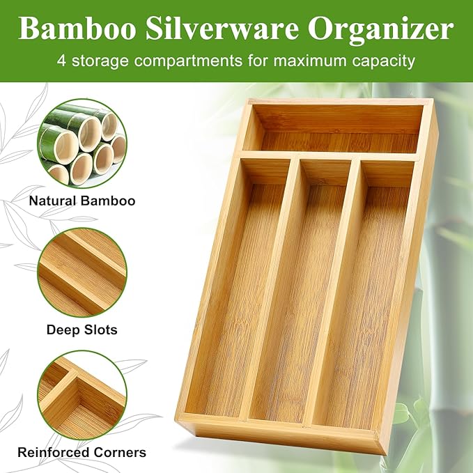 Bamboo Silverware Drawer Organizer Small Cutlery Tray Wooden Kitchen Utensil Drawer Organizer Skinny Flatware Caddy Wood Utensil Holder Drawer Spoon Fork Cutlery Organizer Narrow Silverware Tray