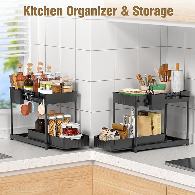 3 Pack Under Sink Organizers and Storage, Large Capacity Heavy Load Pull Out Cabinet Organizer with Hooks Hanging Cups, Multi-functional Storage Shelf for Kitchen Bathroom, Black