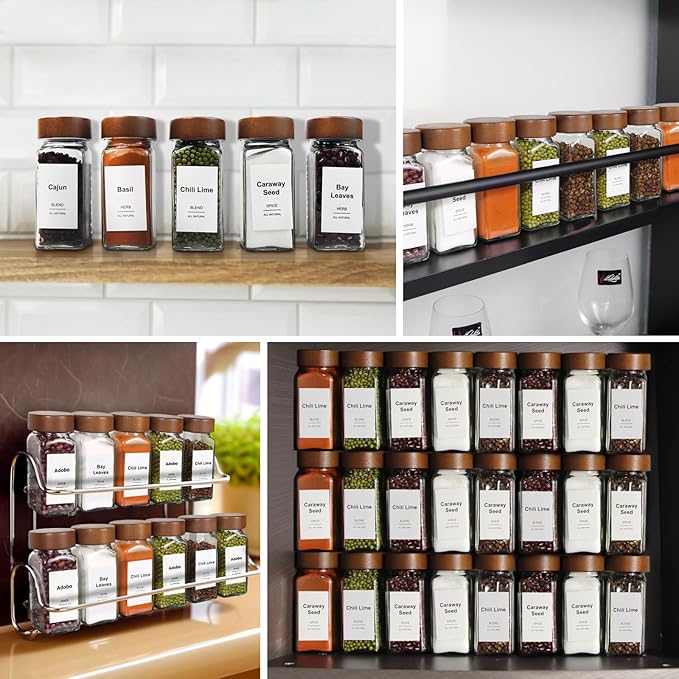 16 Pcs Spice Jars, 4oz Seasoning Containers with Acacia Wood Shaker Lids, Glass Spice Bottles with Labels, Square Seasoning Organizer, Kitchen Spice Container