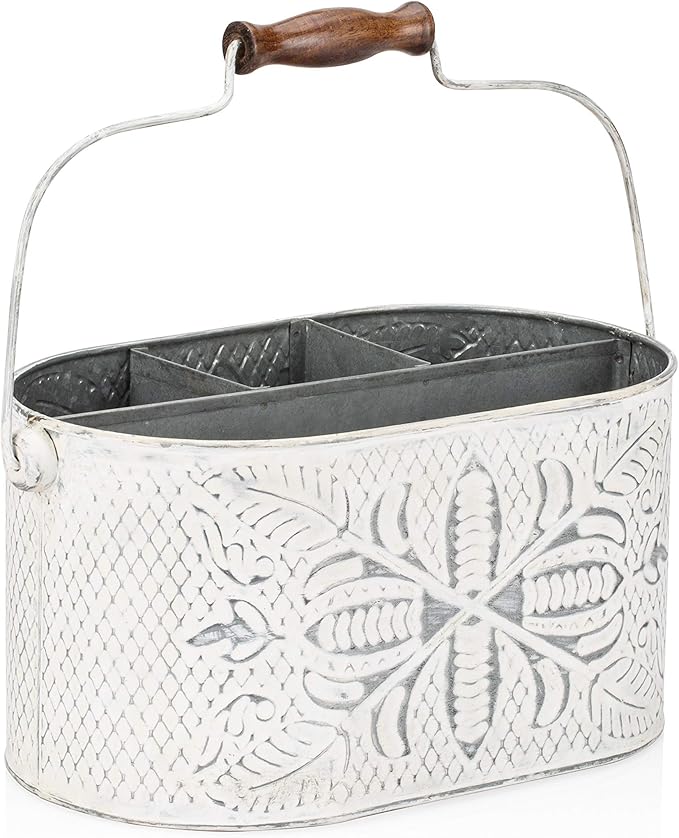 CRAFTSMAN ROAD Distressed White Metal Caddy – Farmhouse Galvanized Kitchen Organizer with Handle – Vintage Rustic Multi-Compartment Holder for Napkins, Plates, Cutlery, Flatware, Cleaning Supplies