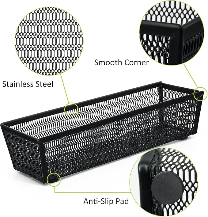 Drawer Organizer Set 5 Pack - 4-Compartment Silverware Organizer Tray + 4 Utensil Trays, Kitchen Drawer Organizer for Flatware, Cutlery, Office Supplies, Black Mesh, Non-Slip.