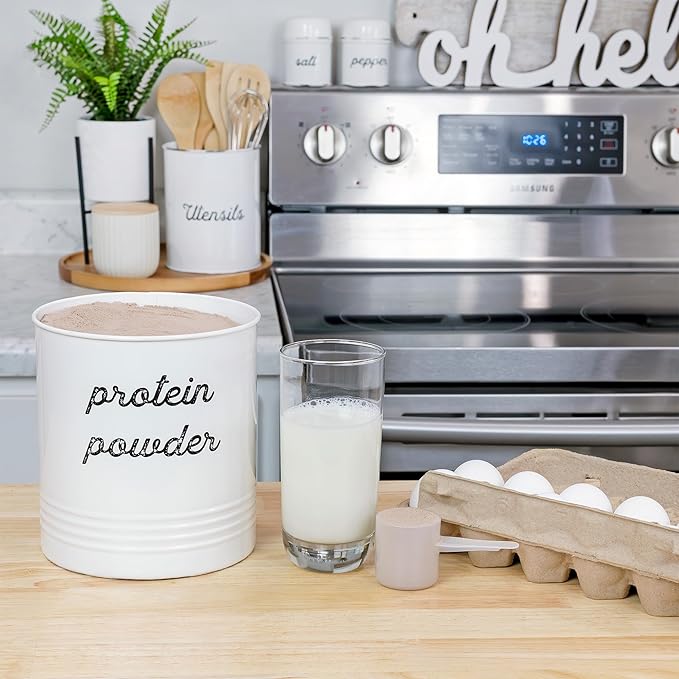 AuldHome Design Enamelware Protein Powder Canister; White Rustic Distressed Style Storage for Kitchen