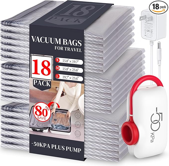 VMstr 18 Pack Travel Vacuum Storage Bags with High Pressure Electric Pump(D/C Power), Carry-on Size Space Saver Compression Bags for Clothes, Luggage & Packing