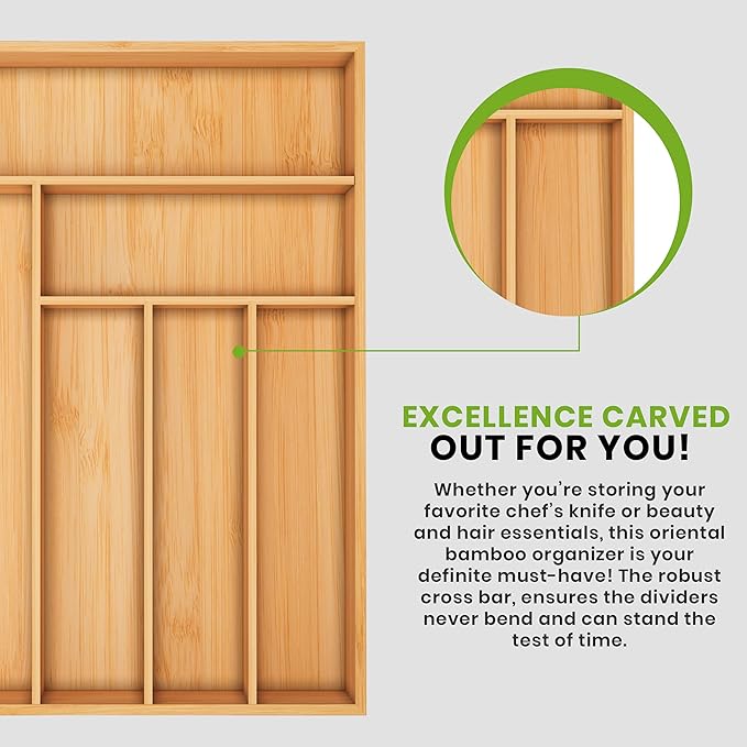 Utopia Kitchen Silverware Organizer, Bamboo Utensil Drawer Organizer for Cutlery, Utensils & Flatware (6 Compartment, Natural) Pack of 1