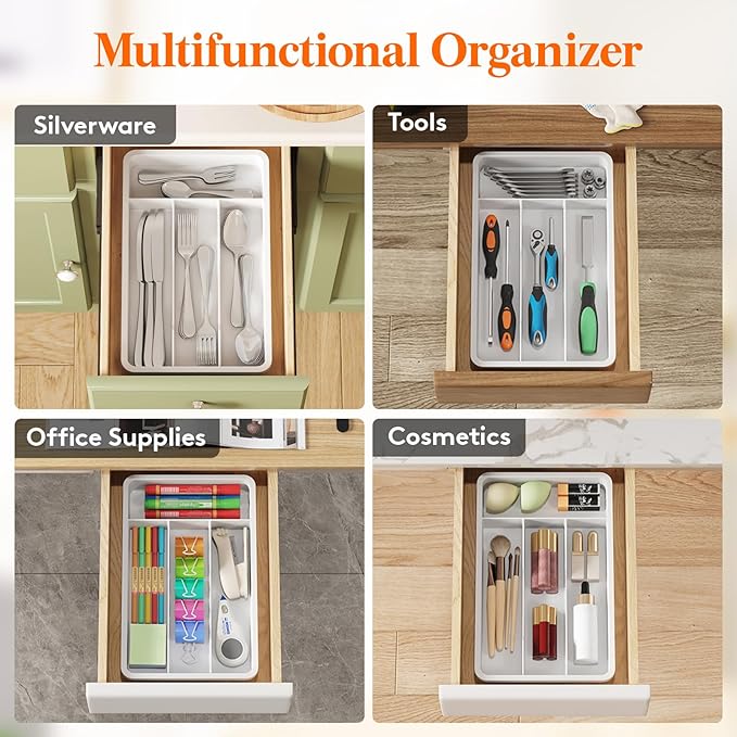 Lifewit Silverware Tray, Cutlery Drawer Organizer Storage for Kitchen, Plastic Flatware Utensil Holder Divider for Spoons Forks Knives Tableware, 4 Compartment, White