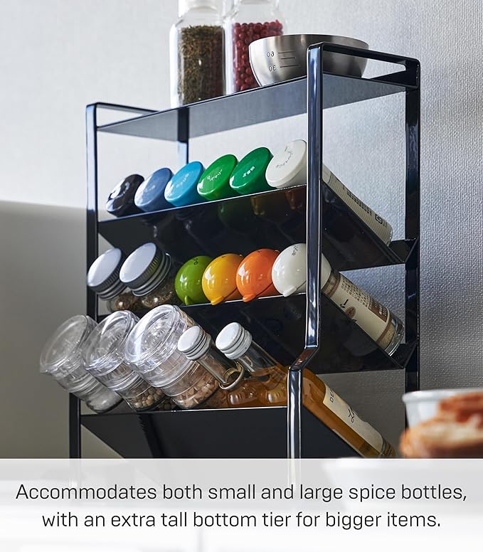 Yamazaki Home Tower 4-Tier Slim Spice Rack Organizer - Large Capacity, Angled Shelves, Flat Top Tier - Ideal For Countertops And Stove Sides - Steel