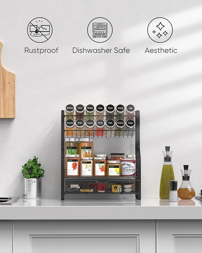 ULG Spice Rack Organizer for Countertop, 4 Tier Seasoning Organizer with Drawer, Spice Rack for Countertop, Cabinet, Spice Organizer for Pantry, Kitchen, Black