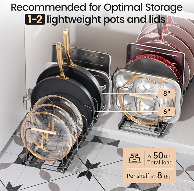 Pots and Pans Organizer under Cabinet, 2 Pack Pull out Pan Organizers inside Cabinet for Kitchen Cabinet Organizers and Storage with Adjustable Dividers and Handled Divider