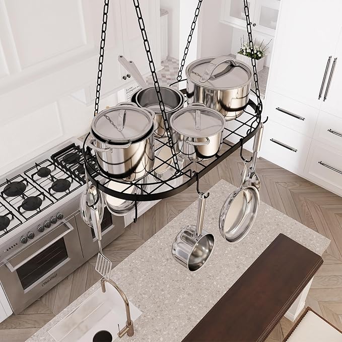 24.4” Metal Pot Rack Hanging, Oval Pan Rack Hanging with Hooks, Heavy Duty Ceiling Pot Rack with Grid, Pot and Pan Hangers for Kitchen Cookware Utensils Toiletries, Easy Assembly, Black