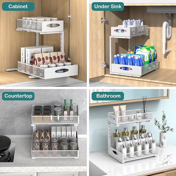 1 Pack Large Under Sink Organizer, 2 Tier Metal Pull Out Under Sink Storage with Sliding Mesh Drawers, Height Adjustable Slide Out Under Cabinet Organizer for Kitchen Bathroom, White