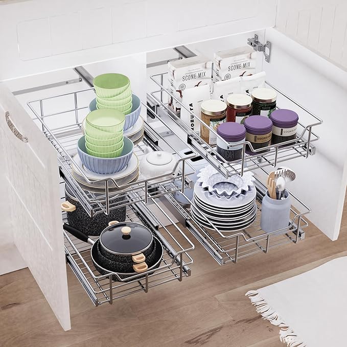 Pull Out Cabinet Organizer 17" W X 17" D, Slide Out Drawers For Kitchen Organizers and Storage, Pull Out Drawers For Cabinets Capacity Heavy Duty Caddy, Cabinet Shelves Chrome-Plated, Bathroom Pantry