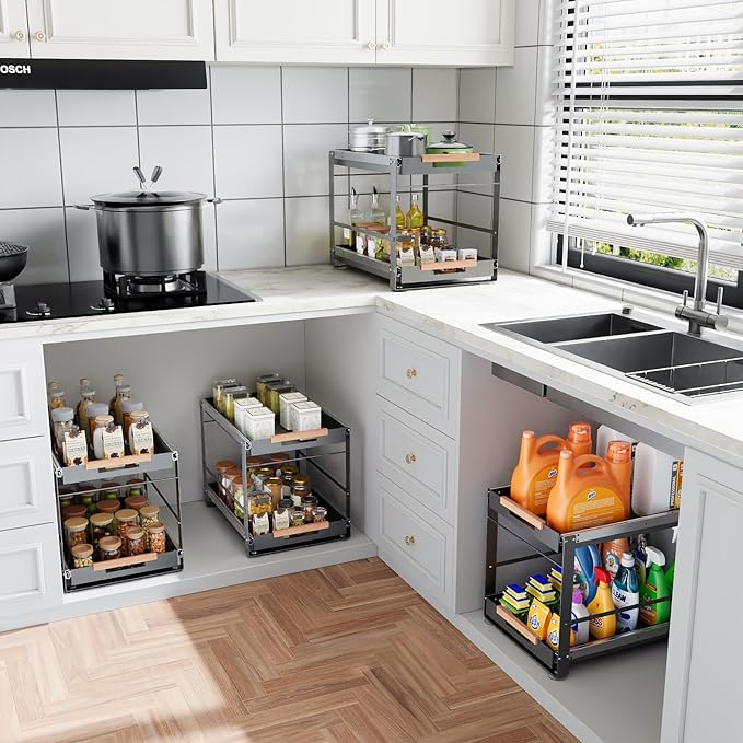 Under Sink Organizer, Pull Out Cabinet Organizer 2 Tier Slide Out Sink Shelf Cabinet Storage Metal Shelves, Sliding Under Sink Storage for Kitchen Bathroom Laundry Cabinet, Grey, 1 Pack (Gray)