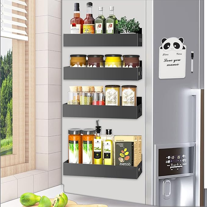 HOPE & HARDY 4 Pack Magnetic Spice Rack for Refrigerator, Strong Metal Magnetic Fridge Shelf, Kitchen Seasoning Organizers Storage, Side Fridge Storage Rack for Kitchen with Magnetic Note Pad
