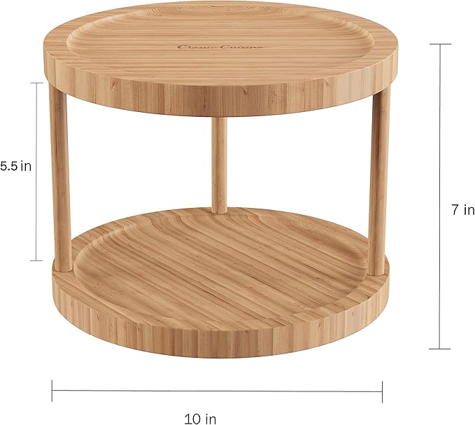Classic Cuisine Lazy Susan – All-Natural Bamboo Round Two Tier Turntable Kitchen, Pantry and Vanity Organizer and Display with 10 Inch Diameter