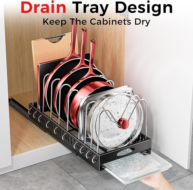 Pull Out Pots and Pans Organizer Under Cabinet, 20” Deep Pot Lid Rack with 10 Adjustable Dividers, No Drill Slide Out Inside Shelves Storage for Kitchen Cutting Board Bakeware Cookware Dishes