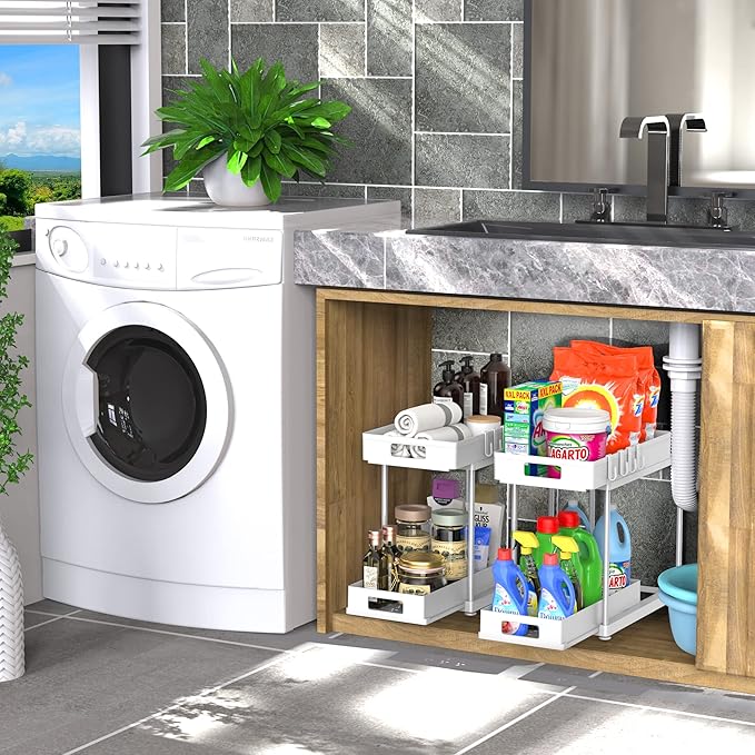 Under Sink Organizers and Storage, 2 Pack Large Capacity Heavy Load Double Pull-out Under Sink Shelves with Sliding Drawer for Kitchen and Bathroom, White