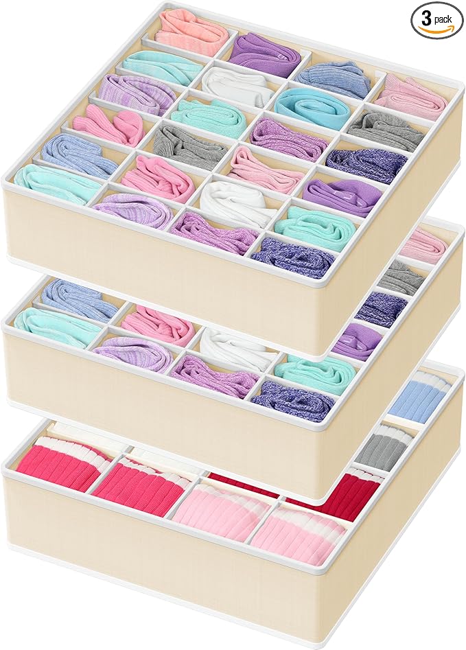 Simple Houseware Sock Drawer Organizer for Dresser/Closet/Bedroom, 3 Pack, Beige