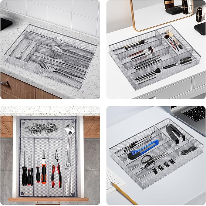 Silverware Drawer Organizer Holder, Cutlery Tray Silverware Flatware Storage Divider for Kitchen, Bedroom, Living Room,Mesh Wire with Non-slip foam Feet, 5 Compoment( Silver)