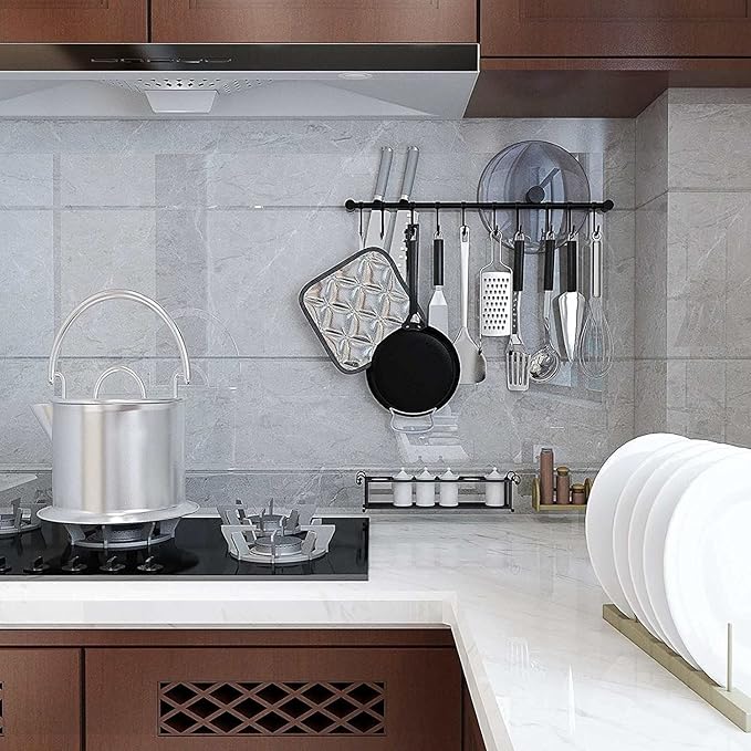 304 Stainless Steel Kitchen Utensil Hanger - 30 Inch Wall Mount with 15 Pcs Noiseless Sliding Hooks, Pots and Pans Hanging Rack, Organizer Storage for Spoon Peeler, Black