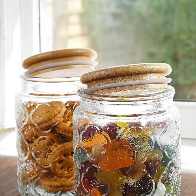Vintage Glass Jar with Bamboo Lid, 23.7 FL oz - Airtight Decorative Food Storage Canisters for Kitchen Counter, Ideal for Candy, Sugar, Coffee, Cookies (Sunflower*2)