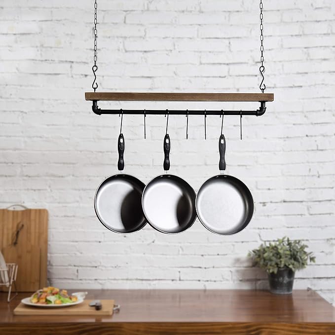 MyGift 30 Inch Ceiling or Wall Mounted Pot Rack with Rustic Brown Solid Wood Shelf and Industrial Matte Black Metal Pipe, Hanging Cookware Utensils Organizer with 8 S-Hooks