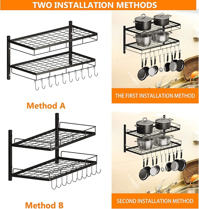2 Tiers Hanging Pot Rack Wall Mounted, Large Weight Capacity Pots and Pans Hanging Rack with 10 Hooks for KItchen Organizer Storage(Heavy Duty)