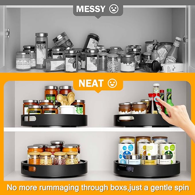 Lazy Susan Organizer Homerays 12 Inch Non-Skid Bamboo Lazy Susan for Kitchen Rotating Spice Rack with Handles, Wood Turntable for Kitchen Cabinet,Countertop (Black, Medium)