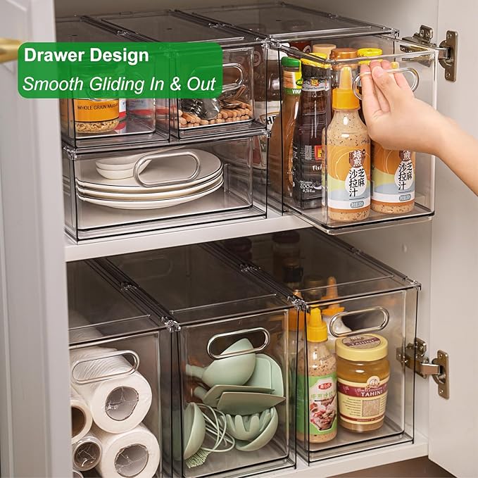 Taiuloo Stackable Refrigerator Organizer Bins with Pull-Out Drawer, Clear BPA-Free Food Storage Containers for Fridge Freezer, Kitchen Pantry Cabinet & Bathroom Vanity Organization, 9.51Quart
