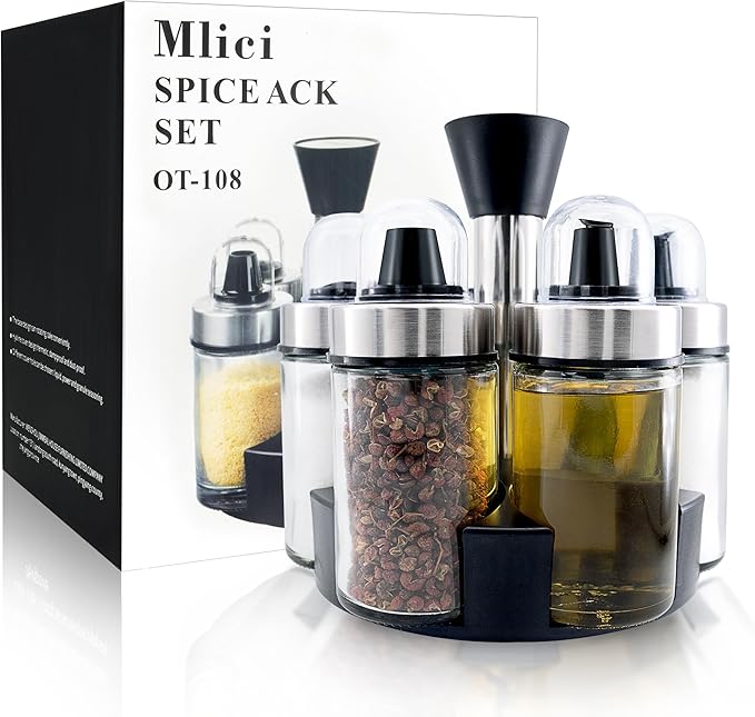 Mlici 6pc Rotating Glass Spice Jars with Base, Oil Vinegar Dispenser Set for Kitchen Countertop Storage, Space-Saving Seasoning Containers for Salt, Pepper and Olive Oil