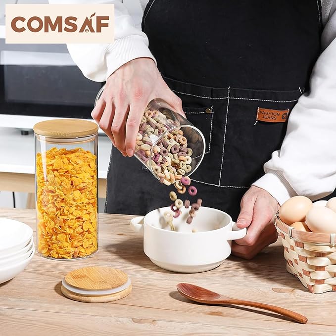 ComSaf Airtight Glass Storage Canister with Wood Lid(44oz), Set of 3 Glass Jars with Lids, Clear Food Storage Container Jar with Sealing Lids for Dry Food Cereal Oat Sugar Tea Coffee Beans, Round