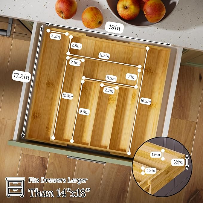 Silverware Organizer Utensil Drawer Organizer - Bamboo Silverware Tray Expandable 8 Slots Flatware Organizer For Kitchen Office Makeup Desk Drawers W12.7-19" x L17.2 (Yellow)