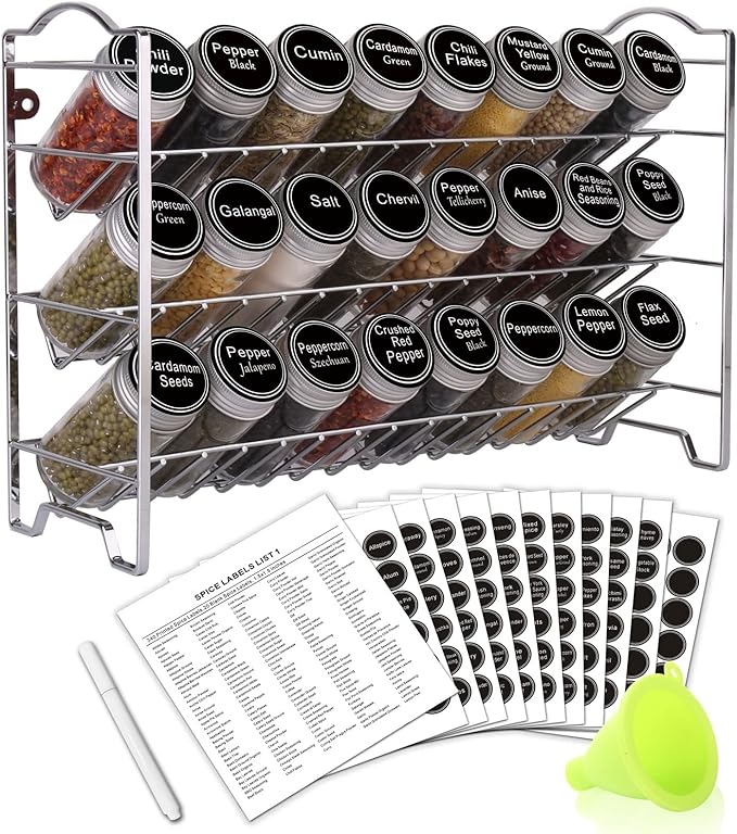 SWOMMOLY Spice Rack Organizer with 24 Empty Round Spice Jars, 396 Spice Labels with Chalk Marker and Funnel Complete Set, Spice Rack for Cabinet, Countertop or Wall Mount, Silver